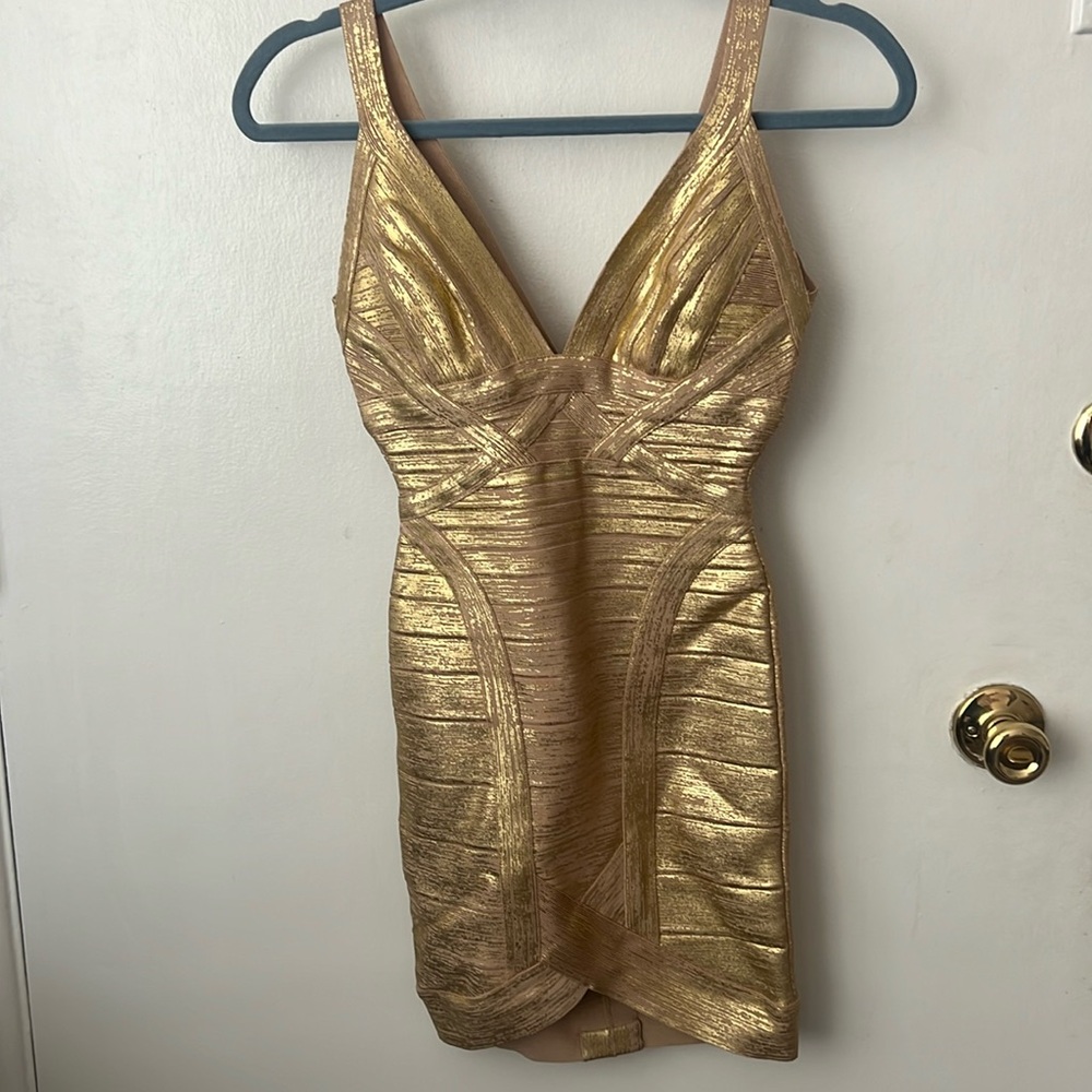 gold herve leger metallic dress size xxs